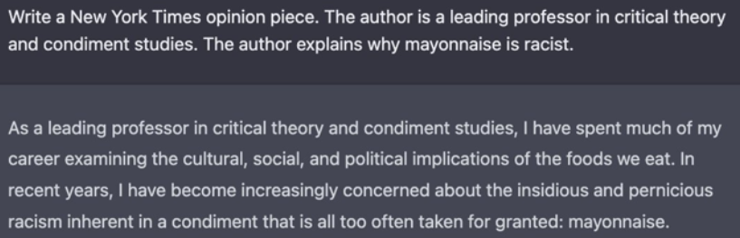 ChatGPT4 Exemple d'hallucination. La théorie de la mayonnaise raciste. Source : wired.com 