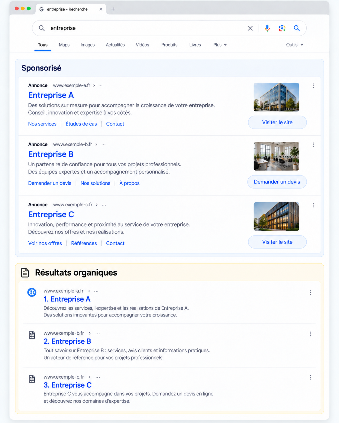 Ancienne page de résultats Google avec annonces sponsorisées puis résultats organiques